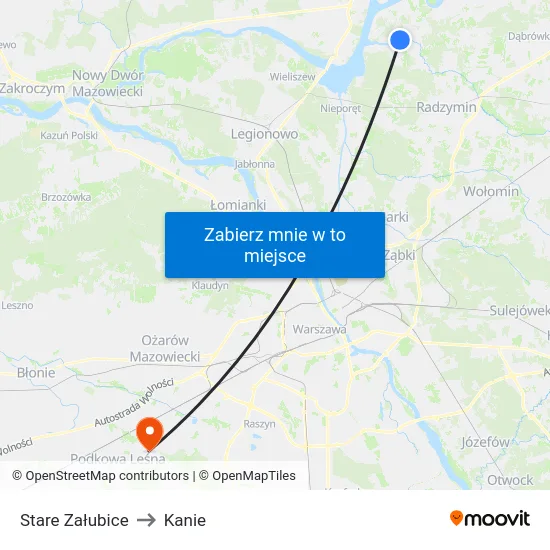 Stare Załubice to Kanie map