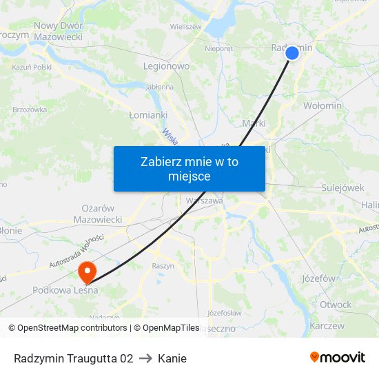 Radzymin Traugutta to Kanie map