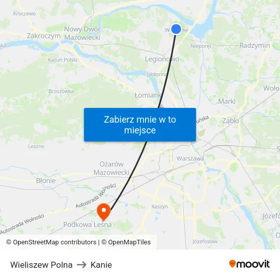 Wieliszew Polna to Kanie map