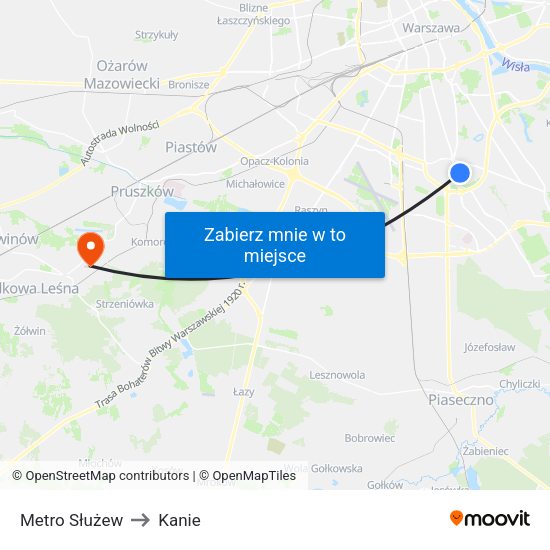 Metro Służew to Kanie map