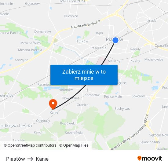 Piastów to Kanie map