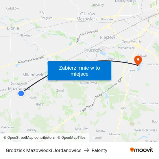 Grodzisk Mazowiecki Jordanowice to Falenty map