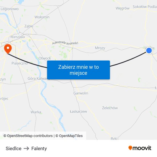 Siedlce to Falenty map