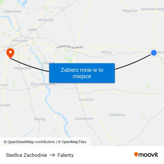 Siedlce Zachodnie to Falenty map