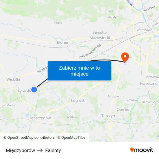 Międzyborów to Falenty map