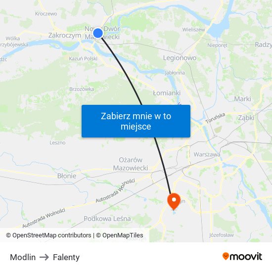 Modlin to Falenty map