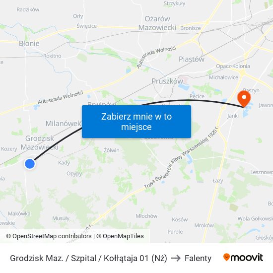 Grodzisk Maz. / Szpital / Kołłątaja 01 (Nż) to Falenty map