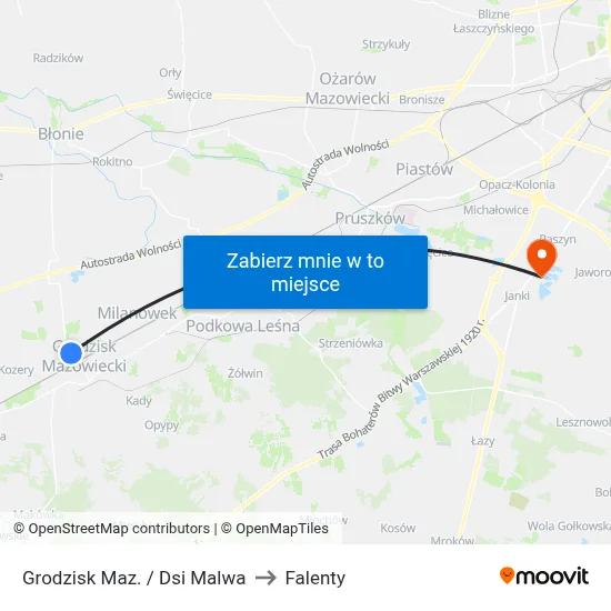 Grodzisk Maz. / Dsi Malwa to Falenty map
