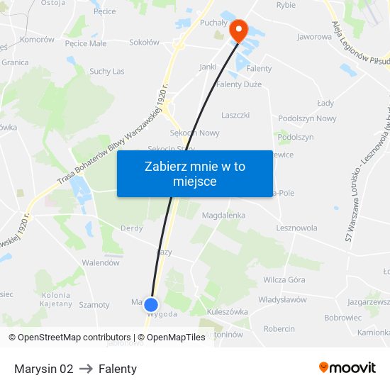 Marysin to Falenty map