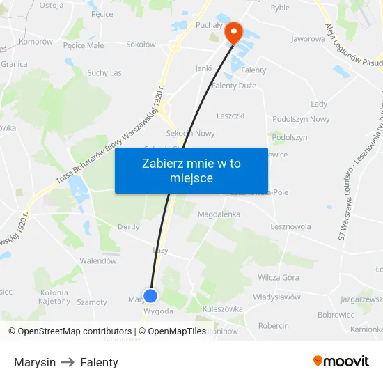 Marysin to Falenty map