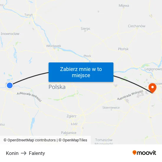 Konin to Falenty map