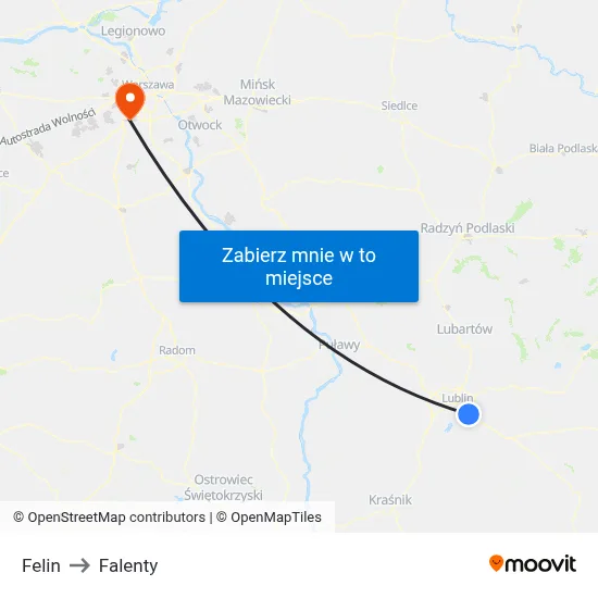 Felin to Falenty map