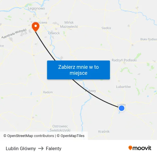 Lublin Główny to Falenty map