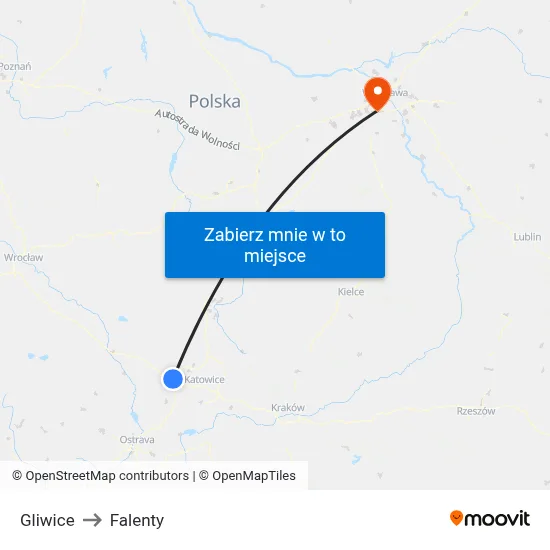 Gliwice to Falenty map