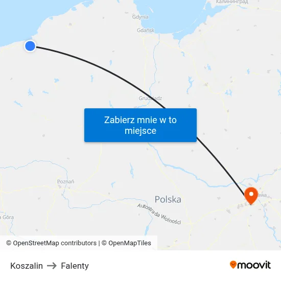 Koszalin to Falenty map