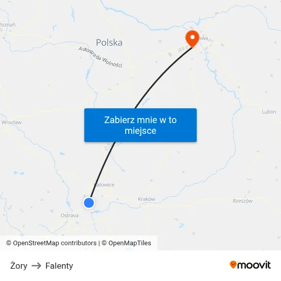 Żory to Falenty map