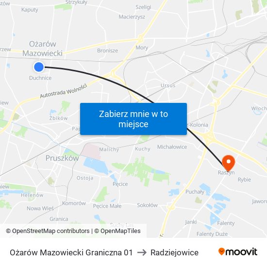 Ożarów Mazowiecki Graniczna 01 to Radziejowice map