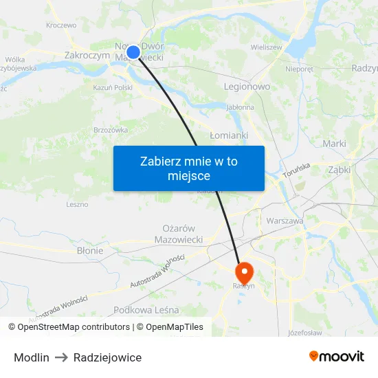 Modlin to Radziejowice map