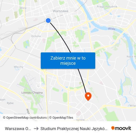 Warszawa Ochota WKD to Studium Praktycznej Nauki Języków Obcych (SPNJO) SGGW map