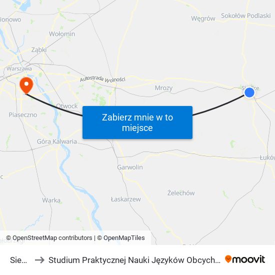 Siedlce to Studium Praktycznej Nauki Języków Obcych (SPNJO) SGGW map