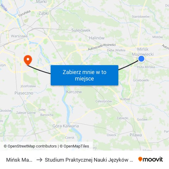 Mińsk Mazowiecki to Studium Praktycznej Nauki Języków Obcych (SPNJO) SGGW map