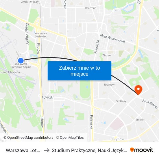 Warszawa Lotnisko Chopina to Studium Praktycznej Nauki Języków Obcych (SPNJO) SGGW map