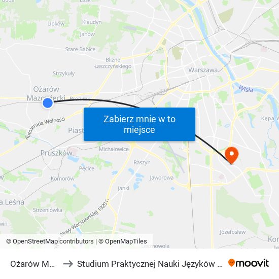 Ożarów Mazowiecki to Studium Praktycznej Nauki Języków Obcych (SPNJO) SGGW map