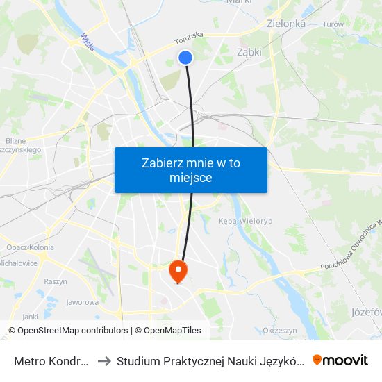 Metro Kondratowicza 06 to Studium Praktycznej Nauki Języków Obcych (SPNJO) SGGW map