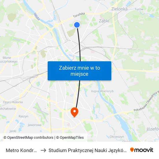 Metro Kondratowicza 08 to Studium Praktycznej Nauki Języków Obcych (SPNJO) SGGW map