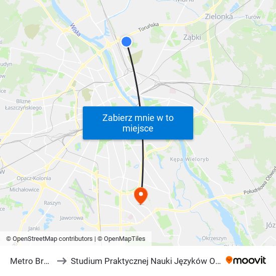 Metro Bródno 15 to Studium Praktycznej Nauki Języków Obcych (SPNJO) SGGW map