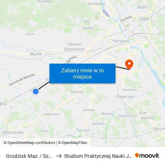 Grodzisk Maz. / Szpital / Kołłątaja 01 (Nż) to Studium Praktycznej Nauki Języków Obcych (SPNJO) SGGW map