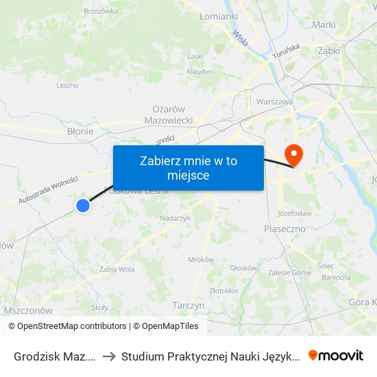 Grodzisk Maz. / Dw. PKP to Studium Praktycznej Nauki Języków Obcych (SPNJO) SGGW map