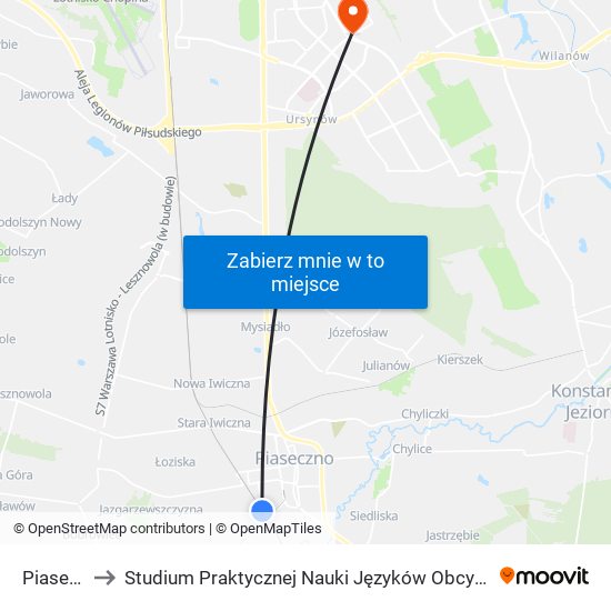 Piaseczno to Studium Praktycznej Nauki Języków Obcych (SPNJO) SGGW map