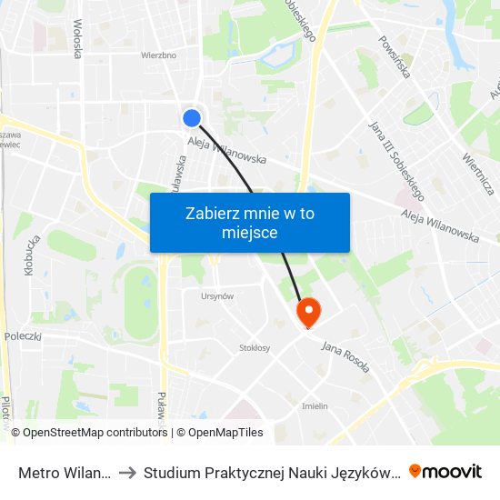 Metro Wilanowska to Studium Praktycznej Nauki Języków Obcych (SPNJO) SGGW map