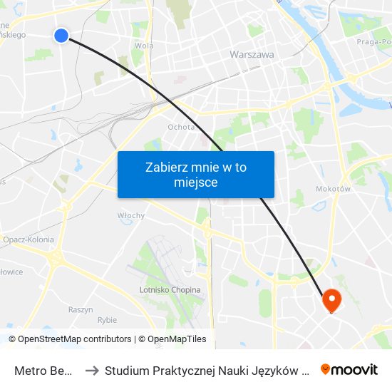 Metro Bemowo 01 to Studium Praktycznej Nauki Języków Obcych (SPNJO) SGGW map