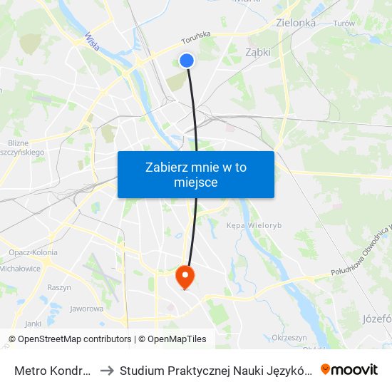 Metro Kondratowicza 01 to Studium Praktycznej Nauki Języków Obcych (SPNJO) SGGW map