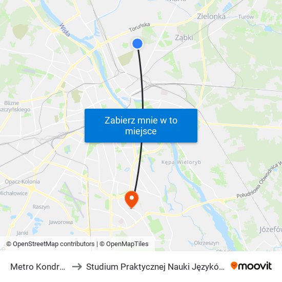 Metro Kondratowicza 04 to Studium Praktycznej Nauki Języków Obcych (SPNJO) SGGW map