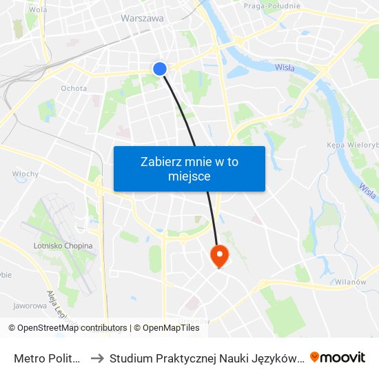 Metro Politechnika 08 to Studium Praktycznej Nauki Języków Obcych (SPNJO) SGGW map