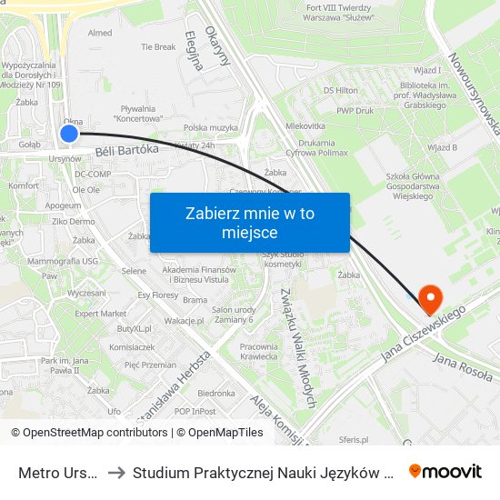 Metro Ursynów 02 to Studium Praktycznej Nauki Języków Obcych (SPNJO) SGGW map