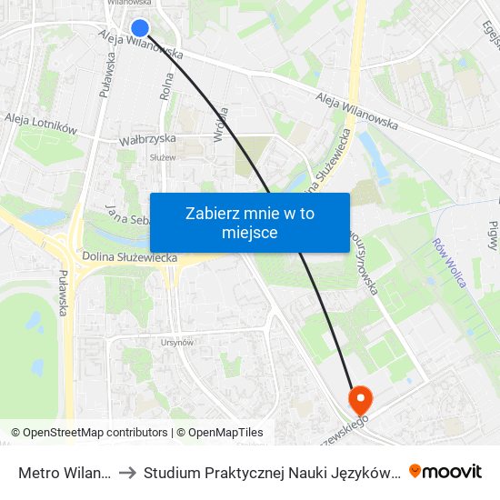 Metro Wilanowska 15 to Studium Praktycznej Nauki Języków Obcych (SPNJO) SGGW map