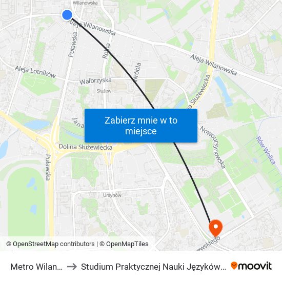 Metro Wilanowska 08 to Studium Praktycznej Nauki Języków Obcych (SPNJO) SGGW map