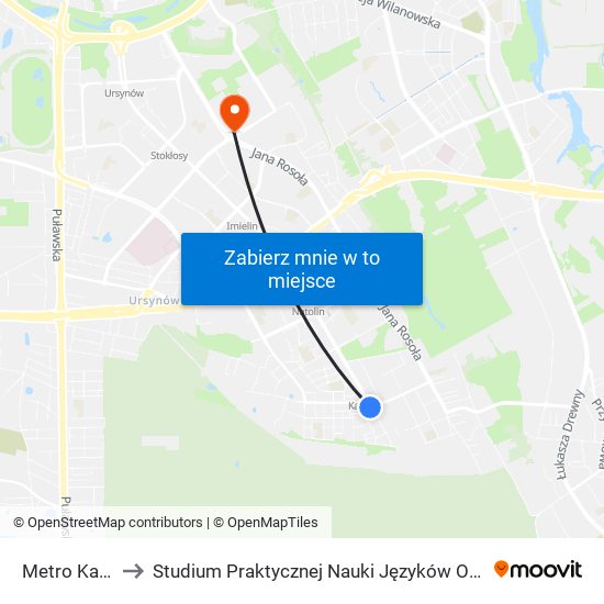 Metro Kabaty 02 to Studium Praktycznej Nauki Języków Obcych (SPNJO) SGGW map