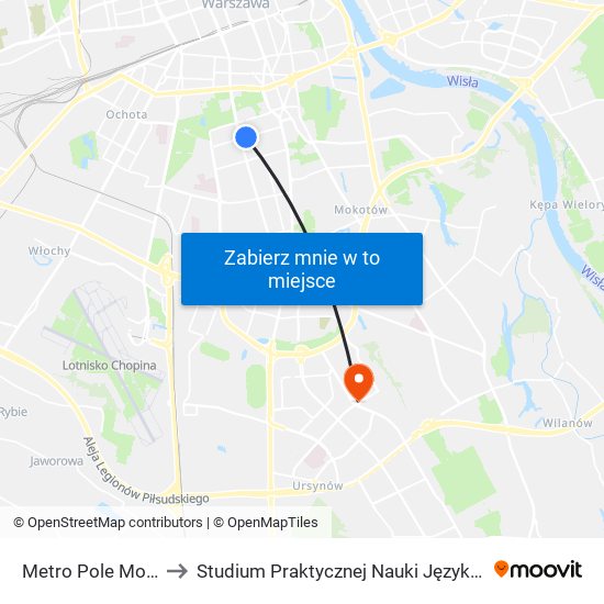 Metro Pole Mokotowskie 08 to Studium Praktycznej Nauki Języków Obcych (SPNJO) SGGW map