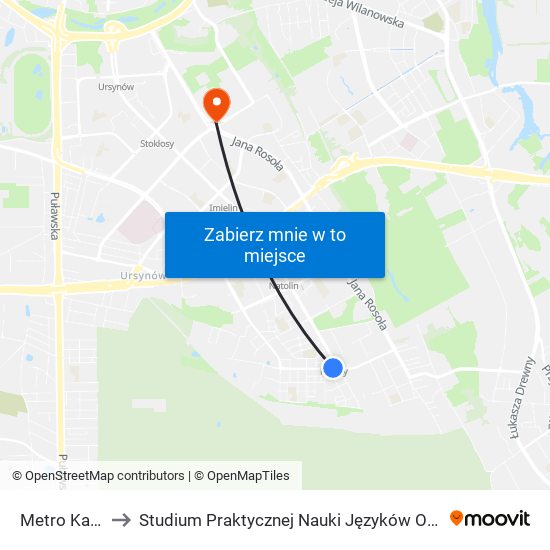 Metro Kabaty 04 to Studium Praktycznej Nauki Języków Obcych (SPNJO) SGGW map