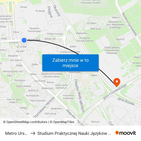 Metro Ursynów 04 to Studium Praktycznej Nauki Języków Obcych (SPNJO) SGGW map