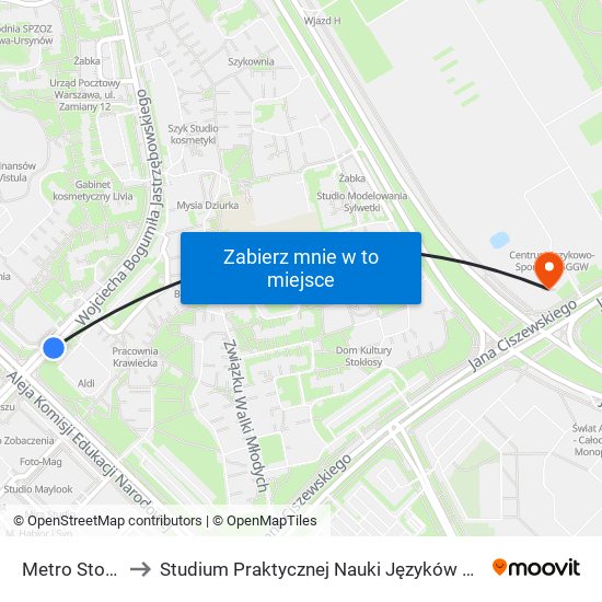 Metro Stokłosy 01 to Studium Praktycznej Nauki Języków Obcych (SPNJO) SGGW map