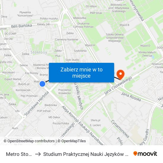 Metro Stokłosy 04 to Studium Praktycznej Nauki Języków Obcych (SPNJO) SGGW map