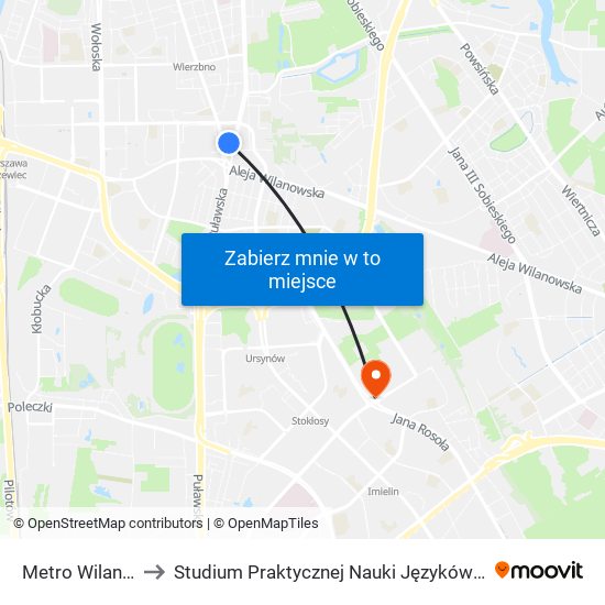 Metro Wilanowska to Studium Praktycznej Nauki Języków Obcych (SPNJO) SGGW map