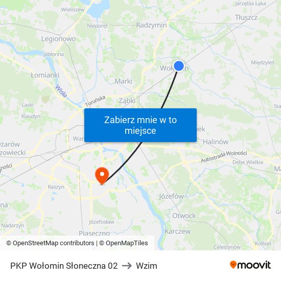 PKP Wołomin Słoneczna to Wzim map