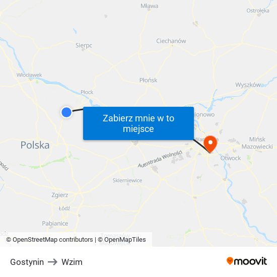 Gostynin to Wzim map